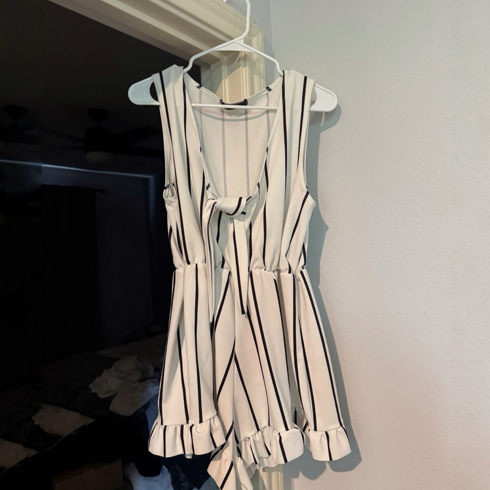 Missguided Monochrome Striped Romper / Playsuit with Ruffled Hem
